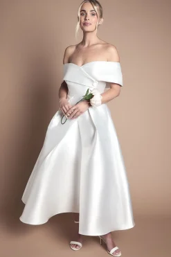 Coast Robe De Mariée Mi-Longue Cintrée À Encolure Bardot En Sergé Lisa Tan Petite<Femme Robes|Robes Mi-Longues