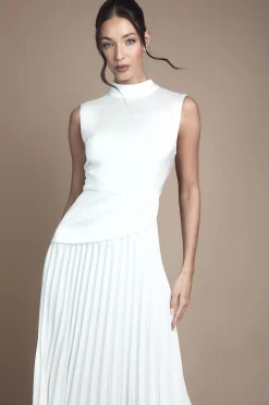 Robe de Mariée Mi-Longue à Col Haut Drapé et Jupe Plissée