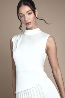 Robe de Mariée Mi-Longue à Col Haut Drapé et Jupe Plissée