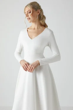 Robe de Mariée Mi-Longue Col V à Jupe Évasée