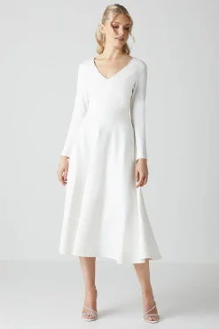 Robe de Mariée Mi-Longue Col V à Jupe Évasée