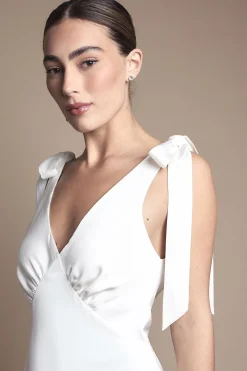Robe de Mariée Mi-Longue en Crêpe Satiné à Épaules Nouées