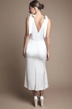 Robe de Mariée Mi-Longue en Crêpe Satiné à Épaules Nouées