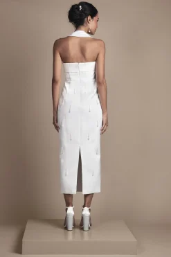 Robe de Mariée Mi-Longue en Satin à Col Halter avec Perles
