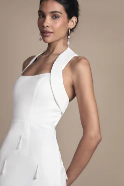 Robe de Mariée Mi-Longue en Satin à Col Halter avec Perles