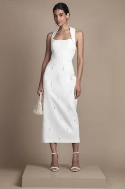 Robe de Mariée Mi-Longue en Satin à Col Halter avec Perles