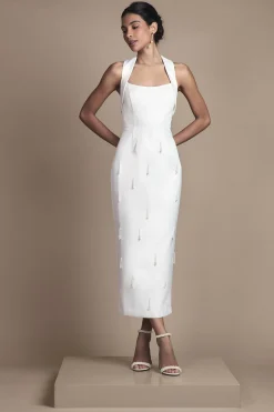 Robe de Mariée Mi-Longue en Satin à Col Halter avec Perles