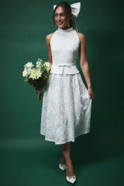 Coast Robe de Mariée Mi-Longue Lisa Tan avec Détail Peplum en Dentelle<Femme Robes Mi-Longues|Satin Et Dentelle