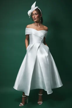 Robe de Mariée Mi-Longue Lisa Tan Sergé Bardot Cintrée