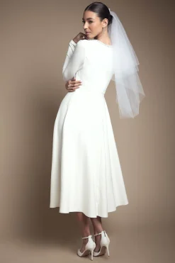 Robe de Mariée Mi-Longue à Manches Longues en Ponte avec Ornements Cristal