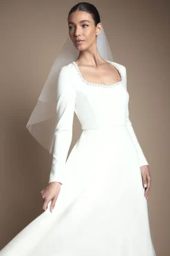 Robe de Mariée Mi-Longue à Manches Longues en Ponte avec Ornements Cristal
