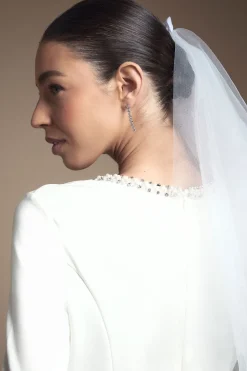 Robe de Mariée Mi-Longue à Manches Longues en Ponte avec Ornements Cristal