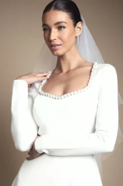 Robe de Mariée Mi-Longue à Manches Longues en Ponte avec Ornements Cristal