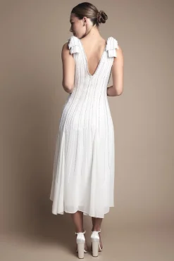 Robe de Mariée Mi-Longue Ornée avec Nœuds aux Épaules