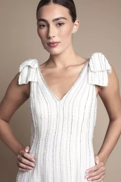 Robe de Mariée Mi-Longue Ornée avec Nœuds aux Épaules