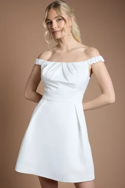 Robe De Mariée Mini Bardot Évasée À Ourlet Asymétrique
