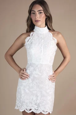 Robe de Mariée Mini en Maille Brodée à Col Montant