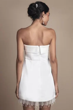 Robe de Mariée Mini en Satin Sans Bretelles avec Bordure de Perles