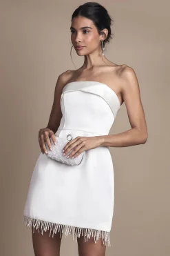 Robe de Mariée Mini en Satin Sans Bretelles avec Bordure de Perles