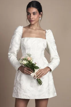 Robe de Mariée Mini à Manches Longues et Encolure Carrée en Jacquard avec Détail Nœud