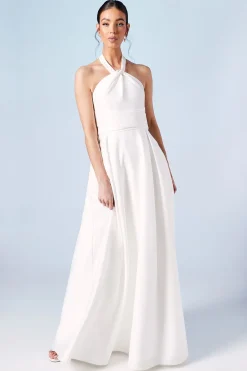 Robe de Mariée Structurée en Satin avec Col Halter et Nœud au Dos