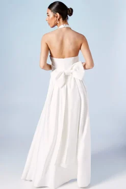 Robe de Mariée Structurée en Satin avec Col Halter et Nœud au Dos