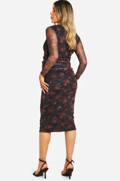 Robe de maternité mi-longue en mesh à imprimé floral flou, détails froncés et manches longues