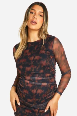 Robe de maternité mi-longue en mesh à imprimé floral flou, détails froncés et manches longues