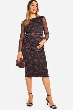 Robe de maternité mi-longue en mesh à imprimé floral flou, détails froncés et manches longues