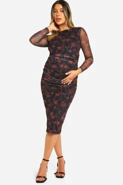 Robe de maternité mi-longue en mesh à imprimé floral flou, détails froncés et manches longues