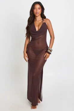 Robe De Plage Longue Cache-maillot En Maille Transparente À Décolleté Plongeant