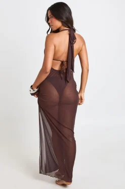 Robe De Plage Longue Cache-maillot En Maille Transparente À Décolleté Plongeant