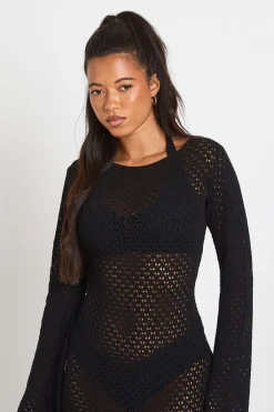 boohoo Robe De Plage Longue En Crochet À Manches Longues<Femme Pulls Et Gilets|Toutes Les Mailles