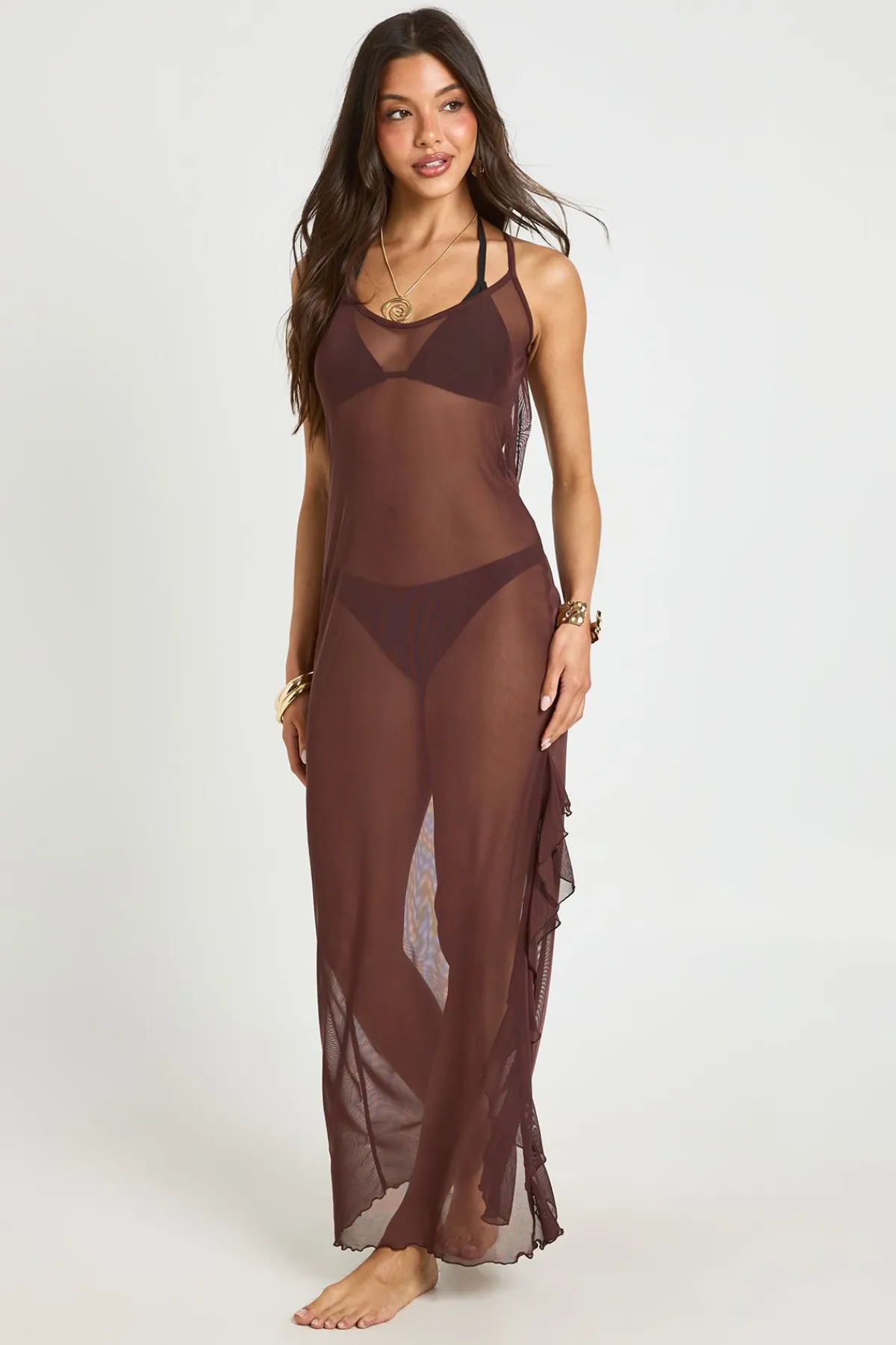 boohoo Robe De Plage Longue En Maille Transparente Avec Dos Nu Et Fente<Femme Toutes Les Robes|Robes Longues