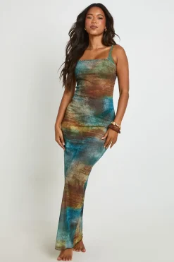 Robe De Plage Longue En Mesh Transparent À Imprimé Abstrait Avec Col Bénitier Et Dos Échancré