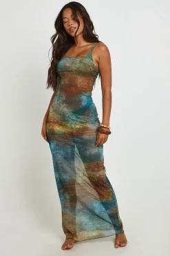 Robe De Plage Longue En Mesh Transparent À Imprimé Abstrait Avec Col Bénitier Et Dos Échancré