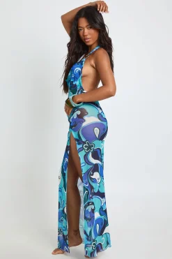 Robe De Plage Longue Transparente En Mesh À Imprimé Abstrait Et Décolleté Plongeant