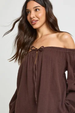 Robe De Plage À Manches Volumineuses Et Encolure Bardot