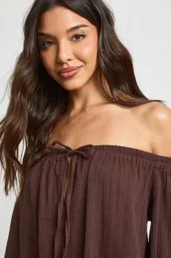 Robe De Plage À Manches Volumineuses Et Encolure Bardot