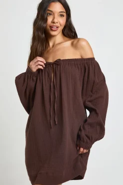 Robe De Plage À Manches Volumineuses Et Encolure Bardot