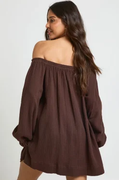 Robe De Plage À Manches Volumineuses Et Encolure Bardot