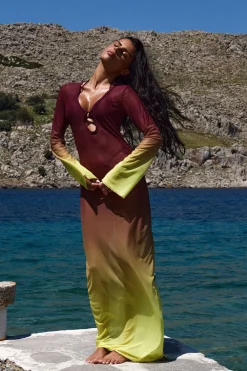 Robe De Plage Maxi Longue En Mesh Transparent Ombré À Manches Longues Avec Découpes