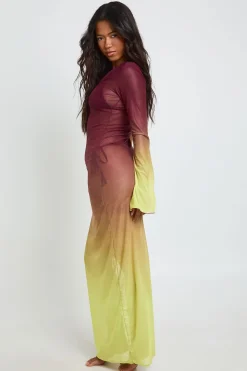 Robe De Plage Maxi Longue En Mesh Transparent Ombré À Manches Longues Avec Découpes