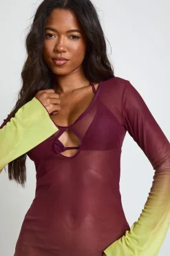 Robe De Plage Maxi Longue En Mesh Transparent Ombré À Manches Longues Avec Découpes