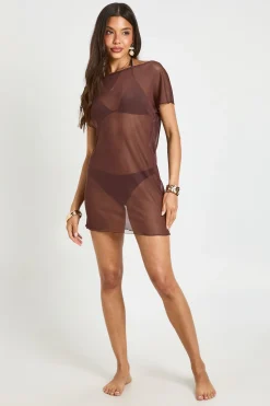 Robe De Plage Mini Asymétrique Dos Cowl En Maille Transparente