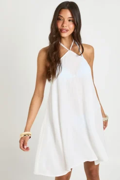 Robe De Plage Mini À Encolure Licou En Gaze De Coton