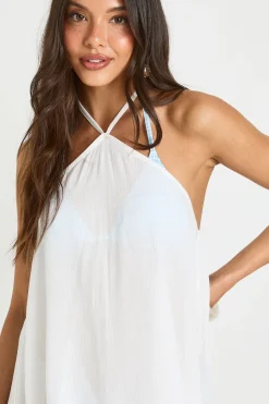 Robe De Plage Mini À Encolure Licou En Gaze De Coton