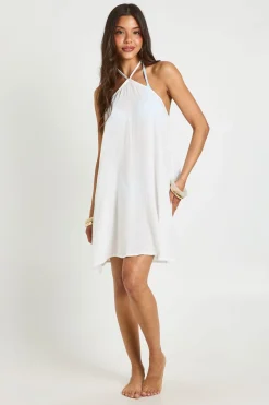 Robe De Plage Mini À Encolure Licou En Gaze De Coton