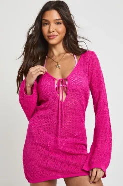 boohoo Robe De Plage Mini En Crochet À Manches Longues Avec Découpe Nouée<Femme Pulls Et Gilets|Toutes Les Mailles