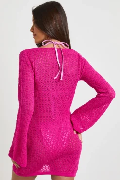 boohoo Robe De Plage Mini En Crochet À Manches Longues Avec Découpe Nouée<Femme Pulls Et Gilets|Toutes Les Mailles
